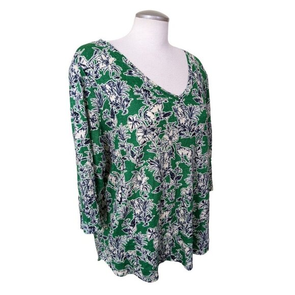 C & C California Womens Plus Size 2X Linen Top Green Tropical Print V Neck - Picture 2 of 6